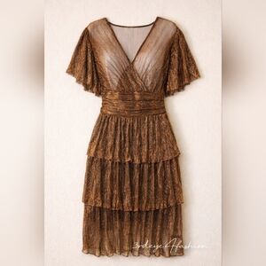 🤎Sheer Shimmering Bronze Ruffle Mini Dress Stretchy V-Neck M–L🍪